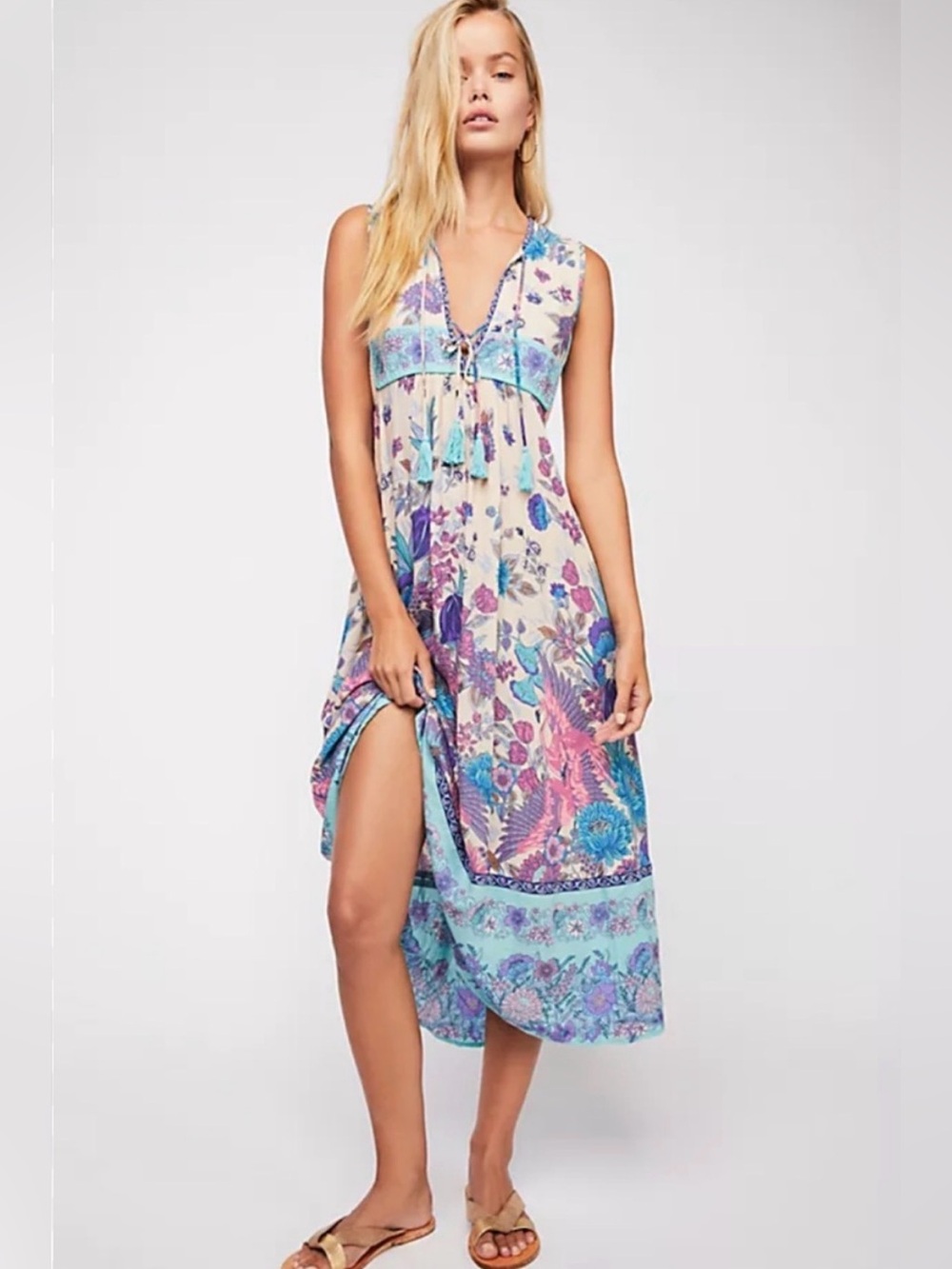 Spell Siren Song Midi Dress in Cream, Blue, Purple, Pink size Small EUC